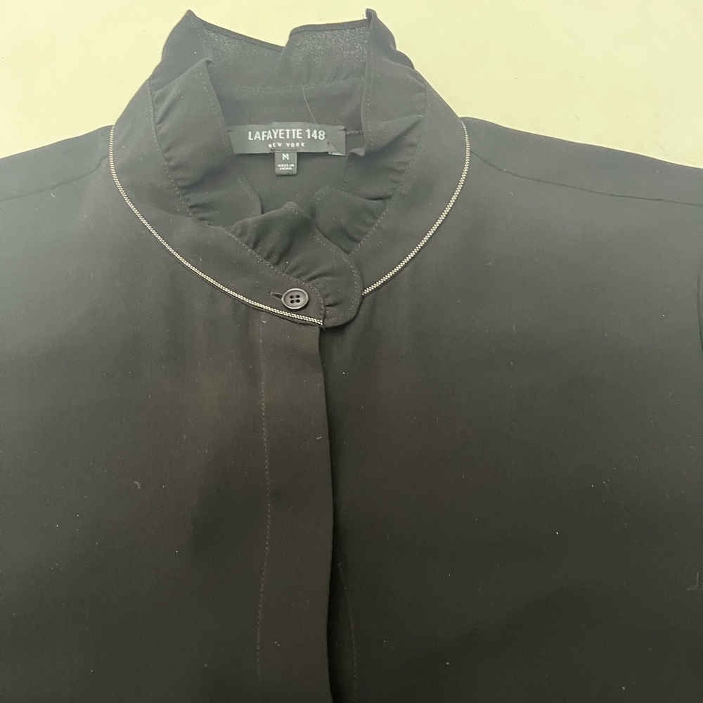 lafayette 148 New York Blouse Black Size M Silk silver collar detail - Picture 9 of 11